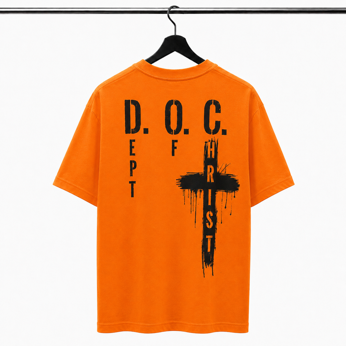 Orange Dept of Christ t-shirt on a hanger, D.O.C. dripping-cross back print