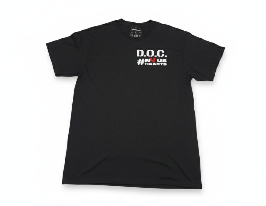 Black Dept of Christ t-shirt, small D.O.C. and NVUS Hearts chest print