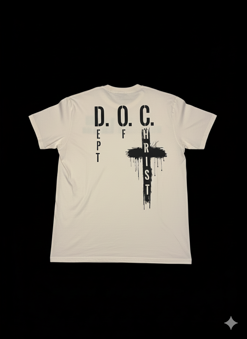 Bone Dept of Christ t-shirt with the D.O.C. dripping-cross back print