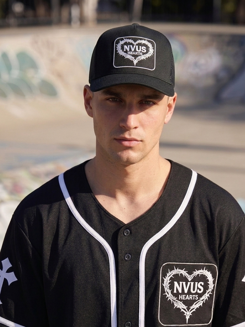 Person wearing a black cap and black jersey with 'NVUS HEARTS' logo at a skate park.
