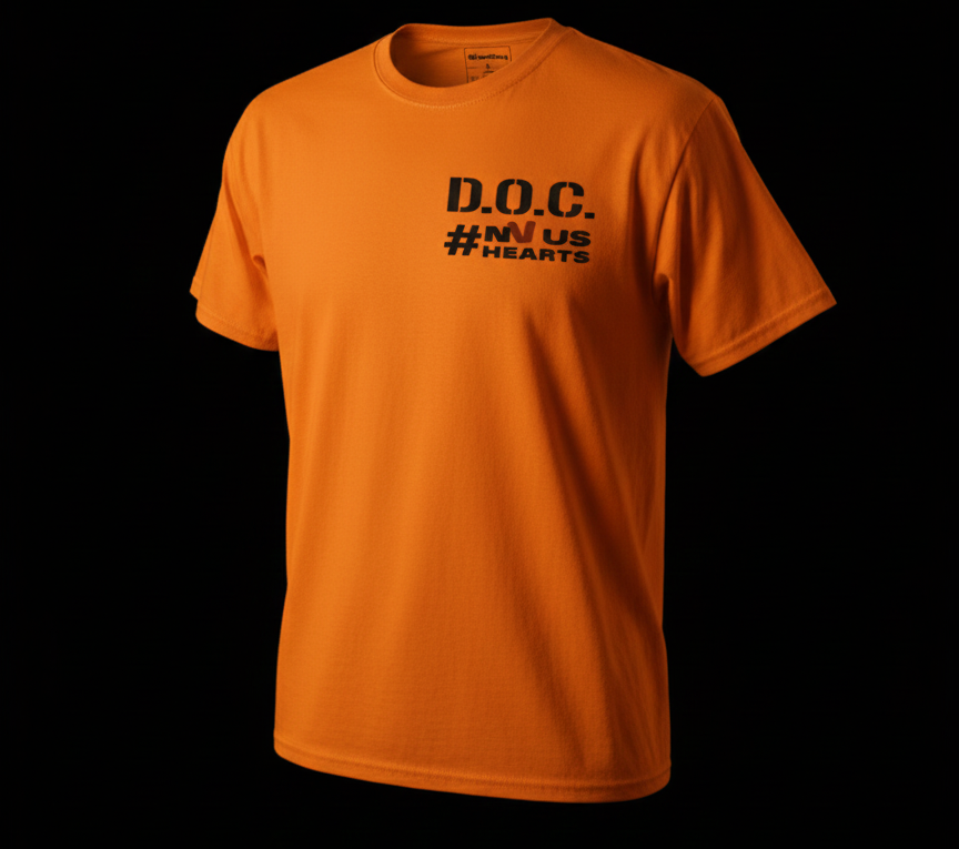 Orange Dept of Christ t-shirt, small D.O.C. and NVUS Hearts chest print