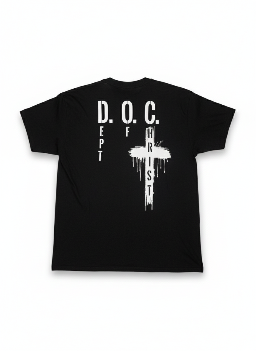 Black Dept of Christ t-shirt with the D.O.C. dripping-cross back print